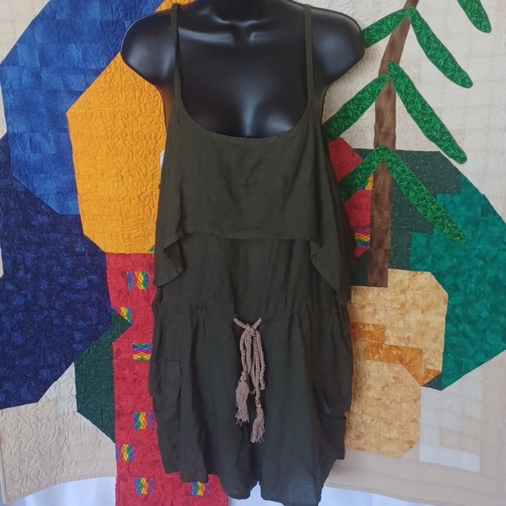 Earthbound Olive green romper, tie waist, adjustable straps, 21" PTP, 20" WST
